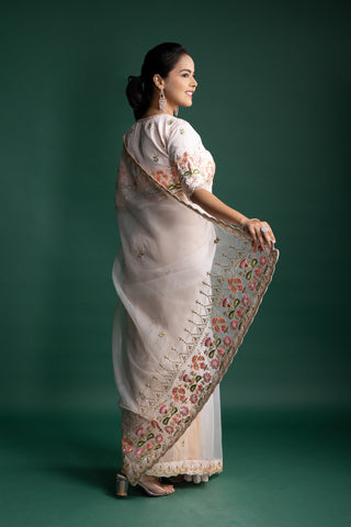 Ivory Organza Saree with Pastel Floral Embroidered Borders