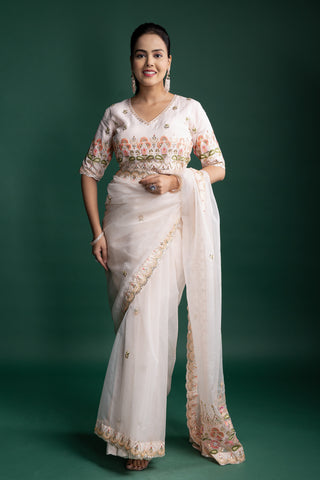 Ivory Organza Saree with Pastel Floral Embroidered Borders