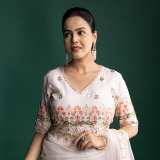 Ivory Organza Saree with Pastel Floral Embroidered Borders
