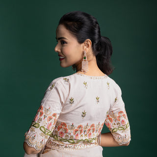 Ivory Organza Saree with Pastel Floral Embroidered Borders