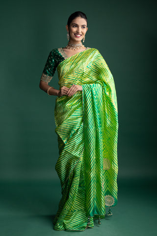 Lime Fusion Silk Saree with Bandhani Detailing
