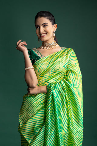 Lime Fusion Silk Saree with Bandhani Detailing
