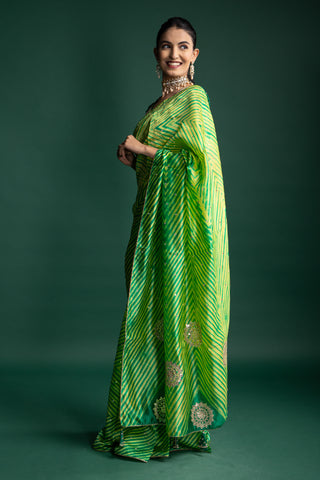 Lime Fusion Silk Saree with Bandhani Detailing