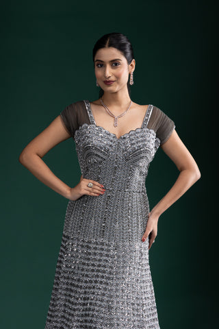 Charcoal Grey Gown with Silver Chevron Sequin Detailing and Sheer Shoulder Sleeves\