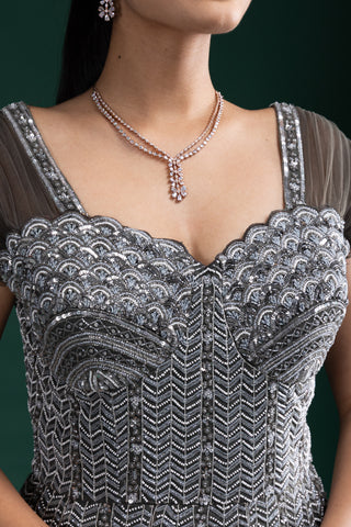Charcoal Grey Gown with Silver Chevron Sequin Detailing and Sheer Shoulder Sleeves\