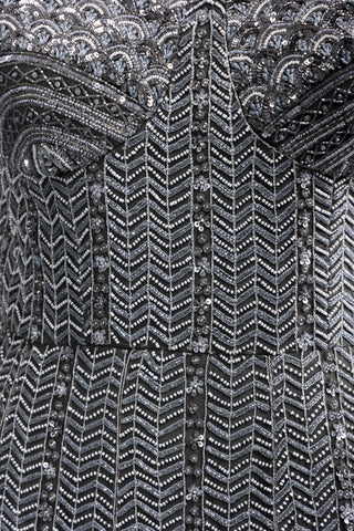 Charcoal Grey Gown with Silver Chevron Sequin Detailing and Sheer Shoulder Sleeves\