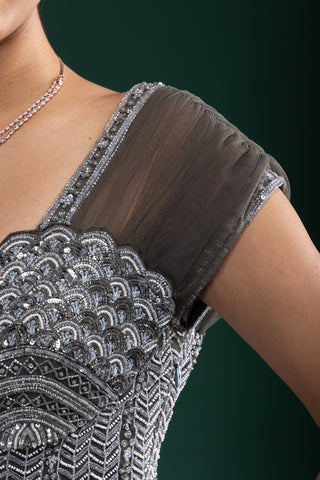 Charcoal Grey Gown with Silver Chevron Sequin Detailing and Sheer Shoulder Sleeves\