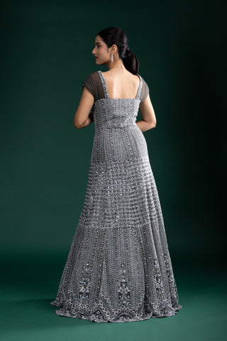 Charcoal Grey Gown with Silver Chevron Sequin Detailing and Sheer Shoulder Sleeves\