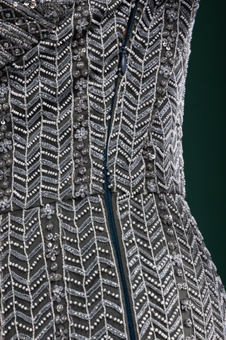 Charcoal Grey Gown with Silver Chevron Sequin Detailing and Sheer Shoulder Sleeves\