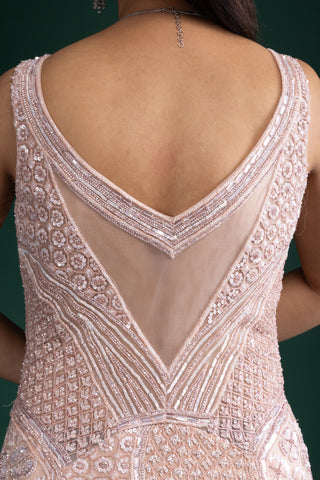 Soft Blush Pink Sleeveless Gown with Linear Geometric Sequin Detailing and Flattering Flared Silhouette
