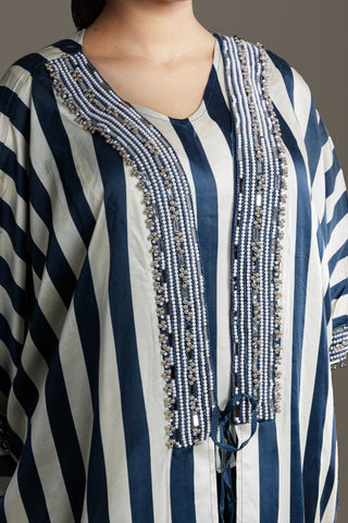 Indigo Mist and Ivory Striped Kaftan Set with Bead Embellishments