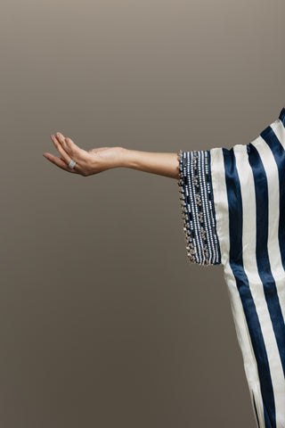 Indigo Mist and Ivory Striped Kaftan Set with Bead Embellishments