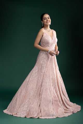 Soft Blush Pink Sleeveless Gown with Linear Geometric Sequin Detailing and Flattering Flared Silhouette