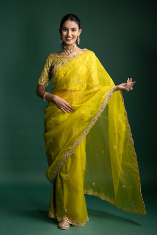 Citrus Gold Organza Saree with Handcrafted Gilded Embroidery