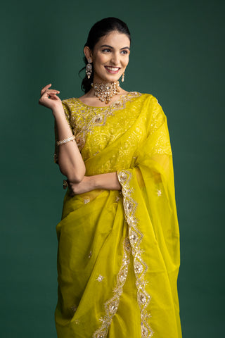 Citrus Gold Organza Saree with Handcrafted Gilded Embroidery