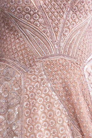 Soft Blush Pink Sleeveless Gown with Linear Geometric Sequin Detailing and Flattering Flared Silhouette