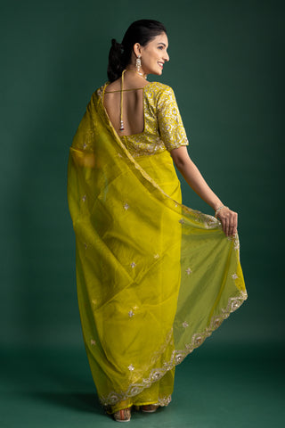Citrus Gold Organza Saree with Handcrafted Gilded Embroidery