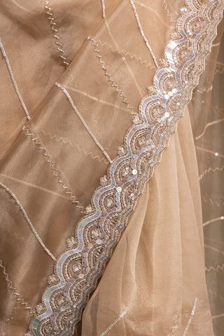 Mist Beige Organza Saree with Luxe Hand-Embroidered Detailing