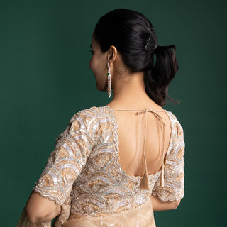 Mist Beige Organza Saree with Luxe Hand-Embroidered Detailing