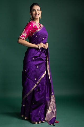 Plum Majesty Silk Saree with Minimal Heritage Motif Detailing