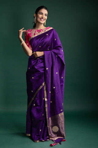 Plum Majesty Silk Saree with Minimal Heritage Motif Detailing