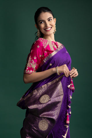 Plum Majesty Silk Saree with Minimal Heritage Motif Detailing