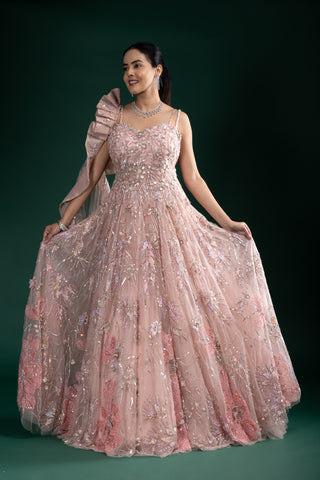 Blush Rose Glow Gown With 3D Floral Hand Embroidery And Attached Ruffled Dupatta