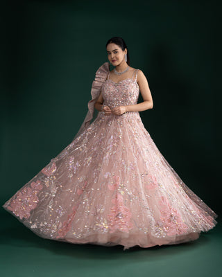 Blush Rose Glow Gown With 3D Floral Hand Embroidery And Attached Ruffled Dupatta