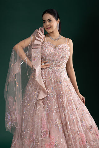 Blush Rose Glow Gown With 3D Floral Hand Embroidery And Attached Ruffled Dupatta