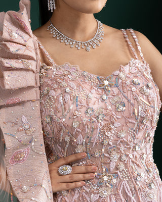 Blush Rose Glow Gown With 3D Floral Hand Embroidery And Attached Ruffled Dupatta
