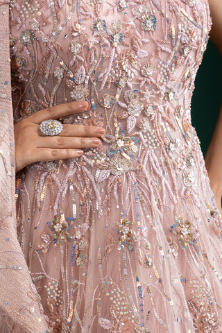Blush Rose Glow Gown With 3D Floral Hand Embroidery And Attached Ruffled Dupatta