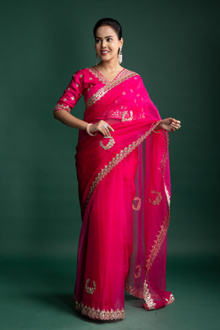 Rani Rose Organza Saree with Regal Handcrafted Gilded Embroidery
