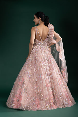 Blush Rose Glow Gown With 3D Floral Hand Embroidery And Attached Ruffled Dupatta