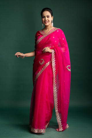 Rani Rose Organza Saree with Regal Handcrafted Gilded Embroidery