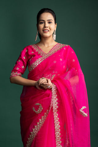 Rani Rose Organza Saree with Regal Handcrafted Gilded Embroidery