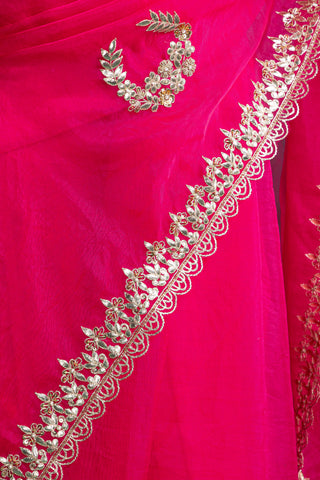 Rani Rose Organza Saree with Regal Handcrafted Gilded Embroidery