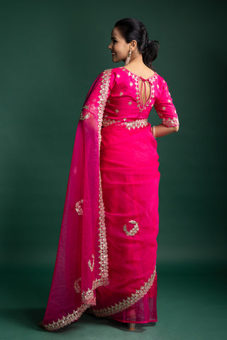 Rani Rose Organza Saree with Regal Handcrafted Gilded Embroidery