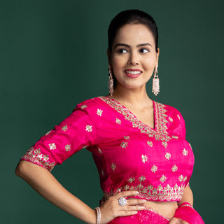 Rani Rose Organza Saree with Regal Handcrafted Gilded Embroidery