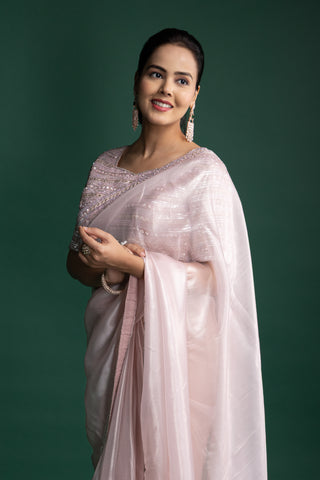 Blush Pink Organza Saree with Crystal Embellished Borders