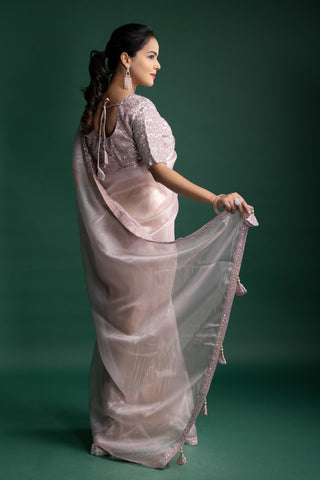 Blush Pink Organza Saree with Crystal Embellished Borders