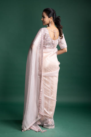 Blush Pink Organza Saree with Crystal Embellished Borders
