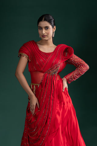 Scarlet Red Passion Drape Style Designer Gown With Hand Embellished Details