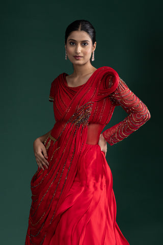 Scarlet Red Passion Drape Style Designer Gown With Hand Embellished Details