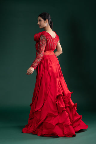 Scarlet Red Passion Drape Style Designer Gown With Hand Embellished Details