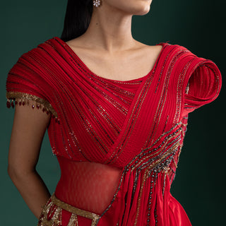 Scarlet Red Passion Drape Style Designer Gown With Hand Embellished Details