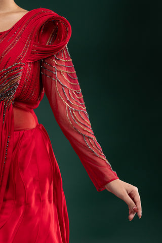 Scarlet Red Passion Drape Style Designer Gown With Hand Embellished Details