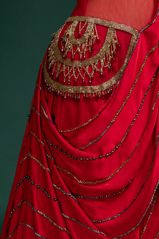 Scarlet Red Passion Drape Style Designer Gown With Hand Embellished Details