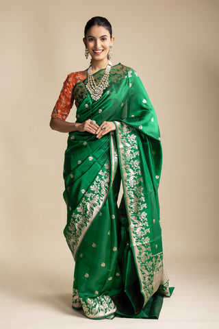 Imperial Emerald Green Banarasi Silk Saree