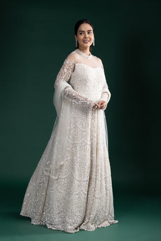 Ivory Pearl Dream Gown With Intricate Threadwork And Pearl Embellishments Paired With a Dupatta
