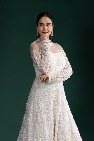 Ivory Pearl Dream Gown With Intricate Threadwork And Pearl Embellishments Paired With a Dupatta